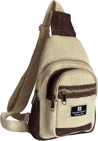 Hand crafted classic sling bag made from 100% Eco friendly natural Hemp and Gheri from Himalaya. Strong crossbody bag for men and women with unbreakable YKK Zipper chain. in Saudi Arabia
