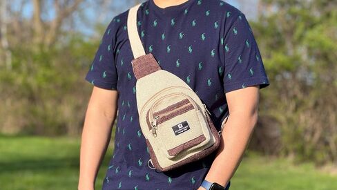 Hand crafted classic sling bag made from 100% Eco friendly natural Hemp and Gheri from Himalaya. Strong crossbody bag for men and women with unbreakable YKK Zipper chain. in Saudi Arabia