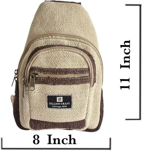 Hand crafted classic sling bag made from 100% Eco friendly natural Hemp and Gheri from Himalaya. Strong crossbody bag for men and women with unbreakable YKK Zipper chain. in Saudi Arabia