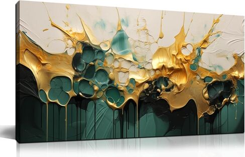 SKYRISE Abstract Teal Gold Canvas Wall Art for Living Room, Dark Green Wall-Decor Picture for Bedroom, Modern Canvas Print Paintings Artwork, Size 40x20 Inches in Saudi Arabia