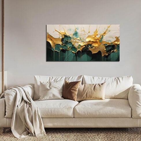 SKYRISE Abstract Teal Gold Canvas Wall Art for Living Room, Dark Green Wall-Decor Picture for Bedroom, Modern Canvas Print Paintings Artwork, Size 40x20 Inches in Saudi Arabia