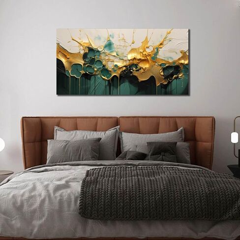 SKYRISE Abstract Teal Gold Canvas Wall Art for Living Room, Dark Green Wall-Decor Picture for Bedroom, Modern Canvas Print Paintings Artwork, Size 40x20 Inches in Saudi Arabia