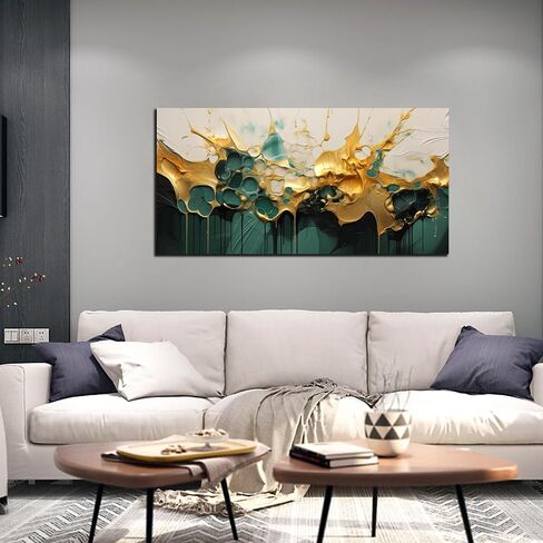 SKYRISE Abstract Teal Gold Canvas Wall Art for Living Room, Dark Green Wall-Decor Picture for Bedroom, Modern Canvas Print Paintings Artwork, Size 40x20 Inches in Saudi Arabia