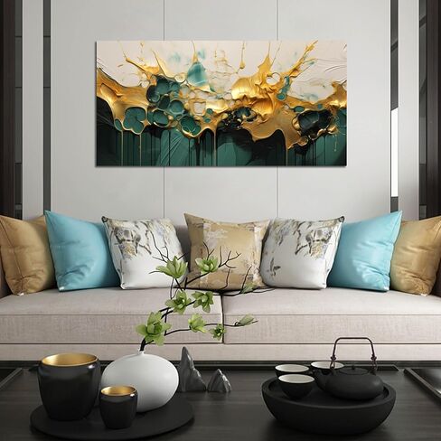 SKYRISE Abstract Teal Gold Canvas Wall Art for Living Room, Dark Green Wall-Decor Picture for Bedroom, Modern Canvas Print Paintings Artwork, Size 40x20 Inches in Saudi Arabia