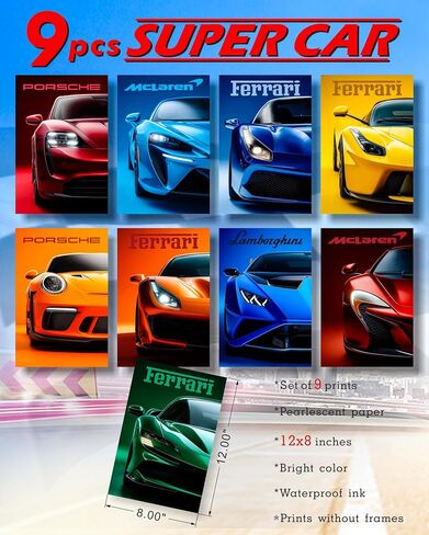 dazongweihan 9pcs Super Car Posters for Boys Room, Racing Car Wall Art for Men Guys, Sports Car Wall Decor, Race Cars Pictures Wall Decor for Bedroom Dorm Man Cave (Unframe,8x12inch)- A9 in Saudi Arabia
