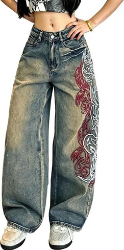 Women's Baggy Jeans High Waisted Wide Leg Graphic Print Vintage Y2k Hip Pop Barrel Denim Pants in Kuwait