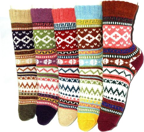 JUNAN 5Pairs Ladies thermal Winter socks, Womens Thick Knitting Warm & comfy Wool Crew Vintage Style Sock (G-multicor) in Saudi Arabia
