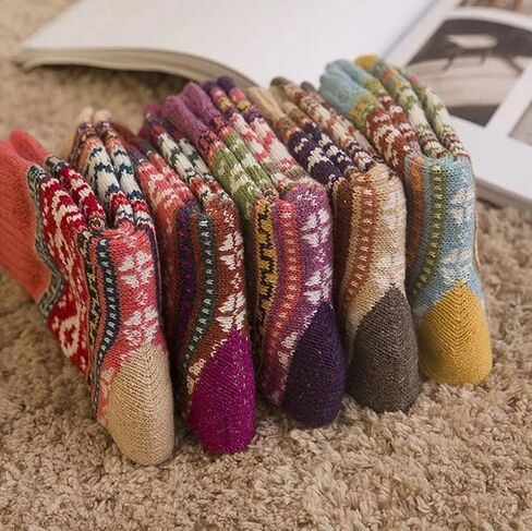 JUNAN 5Pairs Ladies thermal Winter socks, Womens Thick Knitting Warm & comfy Wool Crew Vintage Style Sock (G-multicor) in Saudi Arabia
