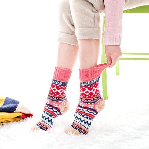 JUNAN 5Pairs Ladies thermal Winter socks, Womens Thick Knitting Warm & comfy Wool Crew Vintage Style Sock (G-multicor) in Saudi Arabia