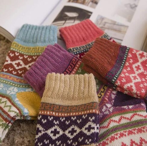 JUNAN 5Pairs Ladies thermal Winter socks, Womens Thick Knitting Warm & comfy Wool Crew Vintage Style Sock (G-multicor) in Saudi Arabia