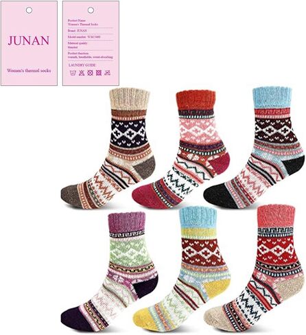 JUNAN 5Pairs Ladies thermal Winter socks, Womens Thick Knitting Warm & comfy Wool Crew Vintage Style Sock (G-multicor) in Saudi Arabia