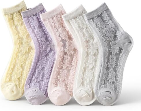 5 Pairs Women's Sheer Ankle Socks Crystal Thin Lace See Through Socks Mesh Lace Elastic Jacquard Sock for Women Girls Ballet Through Socks Summer in Saudi Arabia