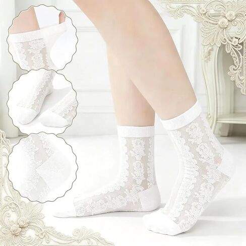 5 Pairs Women's Sheer Ankle Socks Crystal Thin Lace See Through Socks Mesh Lace Elastic Jacquard Sock for Women Girls Ballet Through Socks Summer in Saudi Arabia