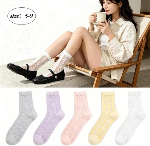 5 Pairs Women's Sheer Ankle Socks Crystal Thin Lace See Through Socks Mesh Lace Elastic Jacquard Sock for Women Girls Ballet Through Socks Summer in Saudi Arabia