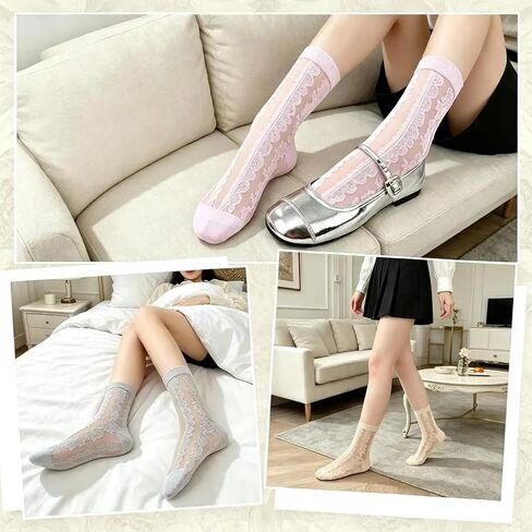 5 Pairs Women's Sheer Ankle Socks Crystal Thin Lace See Through Socks Mesh Lace Elastic Jacquard Sock for Women Girls Ballet Through Socks Summer in Saudi Arabia