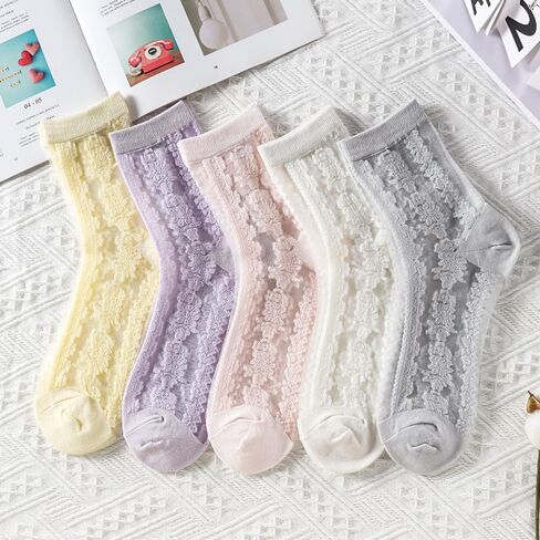 5 Pairs Women's Sheer Ankle Socks Crystal Thin Lace See Through Socks Mesh Lace Elastic Jacquard Sock for Women Girls Ballet Through Socks Summer in Saudi Arabia