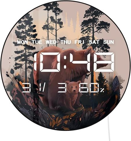 12 Inch Cabin Bear Electric Wall Clock Large Display, Rustic Forest Wildlife Grizzly Bear LED Digital Wall Clock Smart Dimming, Temperature, 12/24hr, Date, USB Powered for Farmhouse Man Cave in Kuwait