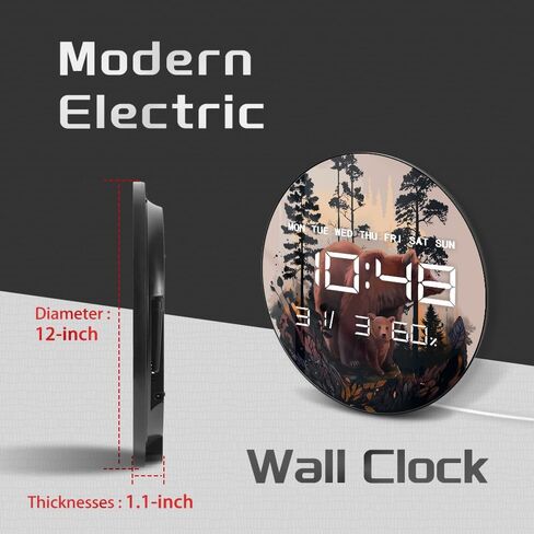 12 Inch Cabin Bear Electric Wall Clock Large Display, Rustic Forest Wildlife Grizzly Bear LED Digital Wall Clock Smart Dimming, Temperature, 12/24hr, Date, USB Powered for Farmhouse Man Cave in Kuwait