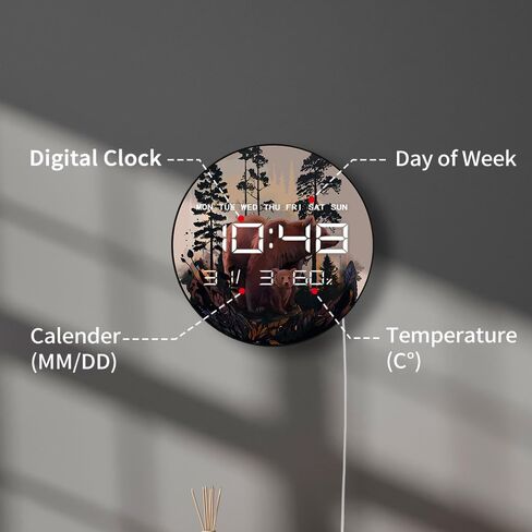 12 Inch Cabin Bear Electric Wall Clock Large Display, Rustic Forest Wildlife Grizzly Bear LED Digital Wall Clock Smart Dimming, Temperature, 12/24hr, Date, USB Powered for Farmhouse Man Cave in Kuwait