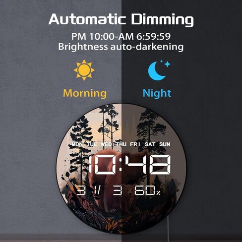 12 Inch Cabin Bear Electric Wall Clock Large Display, Rustic Forest Wildlife Grizzly Bear LED Digital Wall Clock Smart Dimming, Temperature, 12/24hr, Date, USB Powered for Farmhouse Man Cave in Kuwait