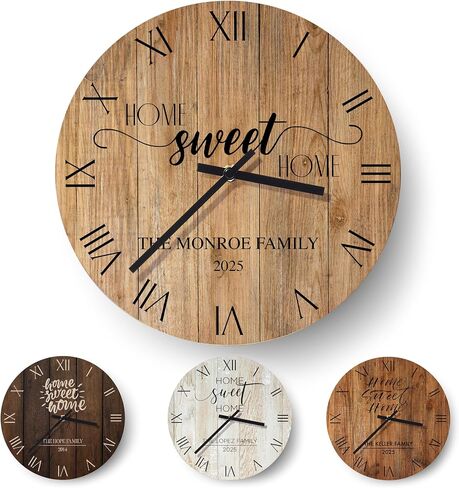 Personalized Home Sweet Home Wall Clock, Custom Family Name Clock with Roman Numerals, Rustic Round Wooden Clocks - 9 Design Options, 6 Background Styles, 4 Sizes - Housewarming Gift in Saudi Arabia