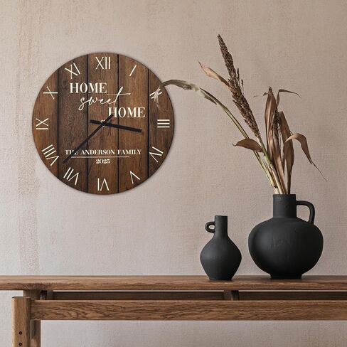Personalized Home Sweet Home Wall Clock, Custom Family Name Clock with Roman Numerals, Rustic Round Wooden Clocks - 9 Design Options, 6 Background Styles, 4 Sizes - Housewarming Gift in Saudi Arabia