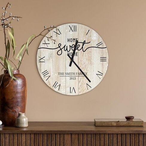 Personalized Home Sweet Home Wall Clock, Custom Family Name Clock with Roman Numerals, Rustic Round Wooden Clocks - 9 Design Options, 6 Background Styles, 4 Sizes - Housewarming Gift in Saudi Arabia