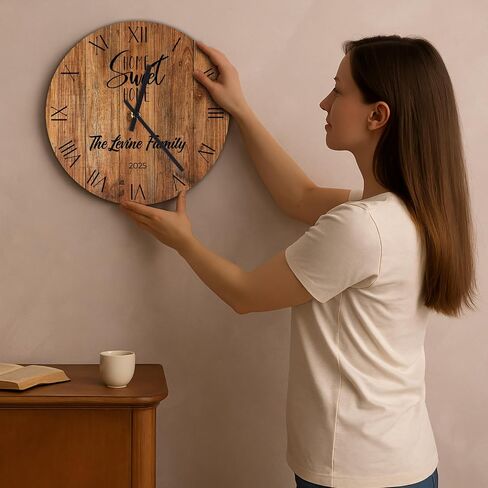 Personalized Home Sweet Home Wall Clock, Custom Family Name Clock with Roman Numerals, Rustic Round Wooden Clocks - 9 Design Options, 6 Background Styles, 4 Sizes - Housewarming Gift in Saudi Arabia