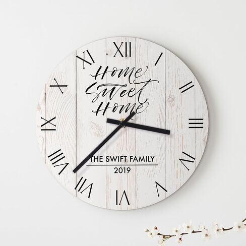 Personalized Home Sweet Home Wall Clock, Custom Family Name Clock with Roman Numerals, Rustic Round Wooden Clocks - 9 Design Options, 6 Background Styles, 4 Sizes - Housewarming Gift in Saudi Arabia