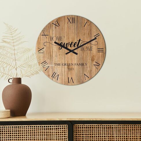 Personalized Home Sweet Home Wall Clock, Custom Family Name Clock with Roman Numerals, Rustic Round Wooden Clocks - 9 Design Options, 6 Background Styles, 4 Sizes - Housewarming Gift in Saudi Arabia