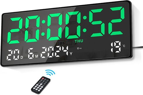 Lafocuse Large Digital Wall Clock 15.5 Inch LED Display, Green Digital Clock Powered by Cord with Remote Control, 2 Alarms, Date, Week, Temperature, Modern Electronic Clocks for Living Room Bedroom in Kuwait