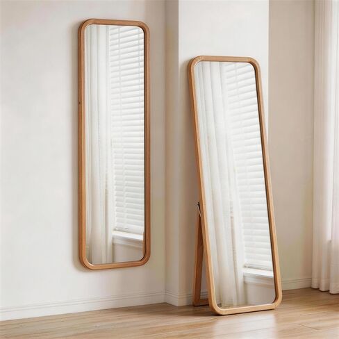 Solid Beech Wood Full Length Mirror, 63" x 18" Freestanding Floor Mirror with Stand, 2-in-1 Wall Mounted Dressing Mirror for Bedroom Living Room, Natural Wood Color in Saudi Arabia