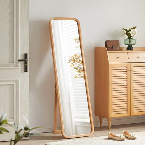 Solid Beech Wood Full Length Mirror, 63" x 18" Freestanding Floor Mirror with Stand, 2-in-1 Wall Mounted Dressing Mirror for Bedroom Living Room, Natural Wood Color in Saudi Arabia