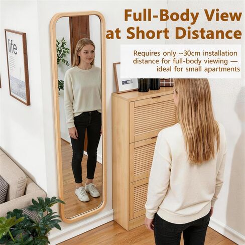 Solid Beech Wood Full Length Mirror, 63" x 18" Freestanding Floor Mirror with Stand, 2-in-1 Wall Mounted Dressing Mirror for Bedroom Living Room, Natural Wood Color in Saudi Arabia