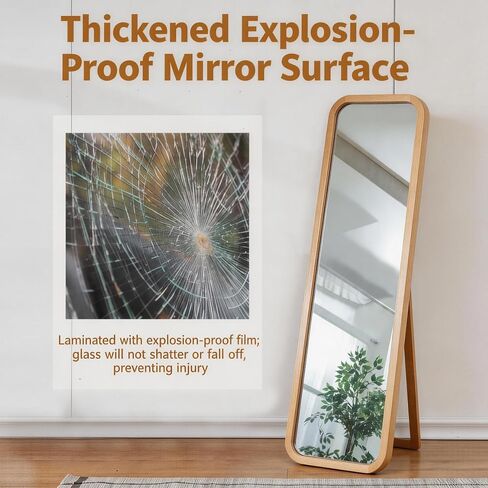 Solid Beech Wood Full Length Mirror, 63" x 18" Freestanding Floor Mirror with Stand, 2-in-1 Wall Mounted Dressing Mirror for Bedroom Living Room, Natural Wood Color in Saudi Arabia