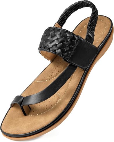 Aomigoct Comfort Womens Flat Sandals: Black 9 Breathable Insoles & Non-Slip TPR Sole for Everyday Walks - Elastic Ankle Strap & Weaving Design for Casual Outings - Active Women in Saudi Arabia