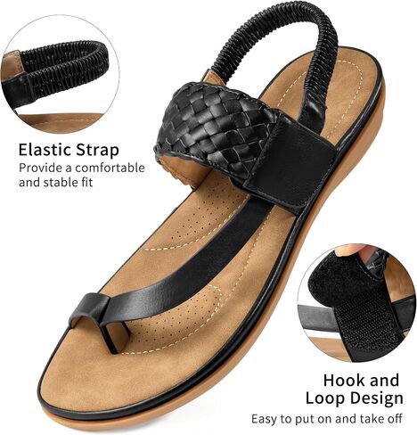Aomigoct Comfort Womens Flat Sandals: Black 9 Breathable Insoles & Non-Slip TPR Sole for Everyday Walks - Elastic Ankle Strap & Weaving Design for Casual Outings - Active Women in Saudi Arabia