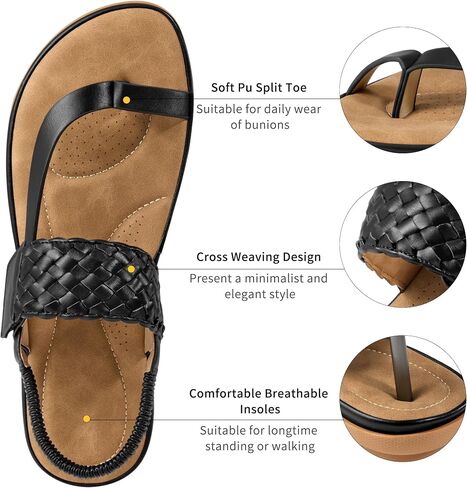 Aomigoct Comfort Womens Flat Sandals: Black 9 Breathable Insoles & Non-Slip TPR Sole for Everyday Walks - Elastic Ankle Strap & Weaving Design for Casual Outings - Active Women in Saudi Arabia