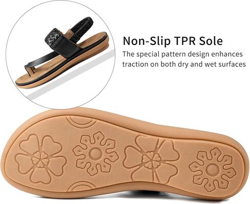 Aomigoct Comfort Womens Flat Sandals: Black 9 Breathable Insoles & Non-Slip TPR Sole for Everyday Walks - Elastic Ankle Strap & Weaving Design for Casual Outings - Active Women in Saudi Arabia