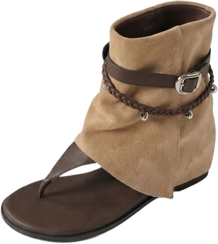 Women's Boho Western Sandal Boots, Faux Suede Thong Flat Gladiator Sandals, Braided Strap with Metal Buckle, Stylish Flip Flop Ankle Boots in Kuwait