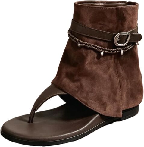 Women's Boho Western Sandal Boots, Faux Suede Thong Flat Gladiator Sandals, Braided Strap with Metal Buckle, Stylish Flip Flop Ankle Boots in Kuwait