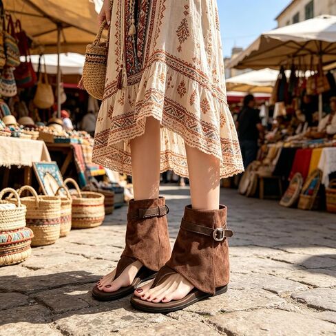 Women's Boho Western Sandal Boots, Faux Suede Thong Flat Gladiator Sandals, Braided Strap with Metal Buckle, Stylish Flip Flop Ankle Boots in Kuwait