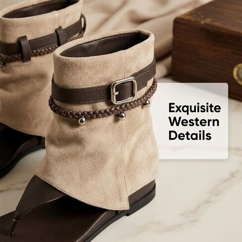 Women's Boho Western Sandal Boots, Faux Suede Thong Flat Gladiator Sandals, Braided Strap with Metal Buckle, Stylish Flip Flop Ankle Boots in Kuwait
