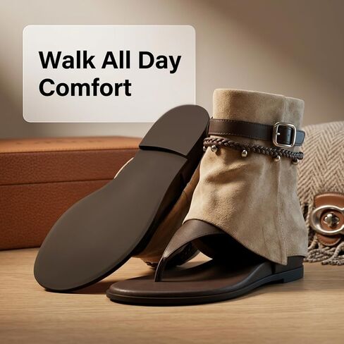 Women's Boho Western Sandal Boots, Faux Suede Thong Flat Gladiator Sandals, Braided Strap with Metal Buckle, Stylish Flip Flop Ankle Boots in Kuwait