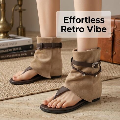 Women's Boho Western Sandal Boots, Faux Suede Thong Flat Gladiator Sandals, Braided Strap with Metal Buckle, Stylish Flip Flop Ankle Boots in Kuwait