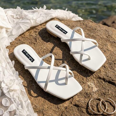 Square Open Toe Toe Loop Flat Sandals for Women, Casual Slip-On Lightweight Vacation Style Sandals for Beach, Daily Wear, Travel, Shopping and Outdoor Activities in Kuwait