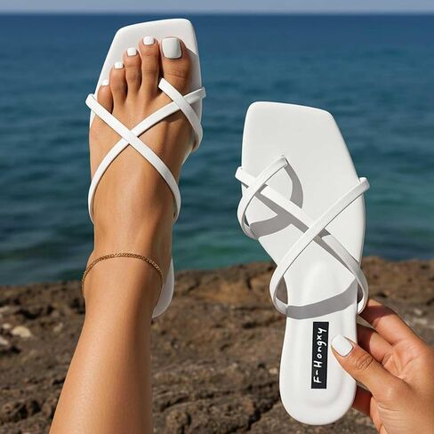Square Open Toe Toe Loop Flat Sandals for Women, Casual Slip-On Lightweight Vacation Style Sandals for Beach, Daily Wear, Travel, Shopping and Outdoor Activities in Kuwait