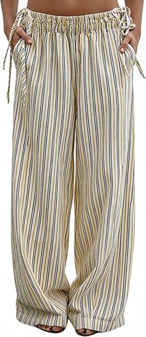 Women Drawstring Striped Wide Leg Pants Summer Causal Barrel Loose Elastic Low Waist Palazzo Harem Pants Trousers Yellow White in Saudi Arabia