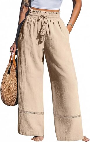 CUPSHE Summer Wide Leg Pants for Women Trendy Tie Waist Smocked High Waisted Palazzo Straight Pant with Pockets in Kuwait