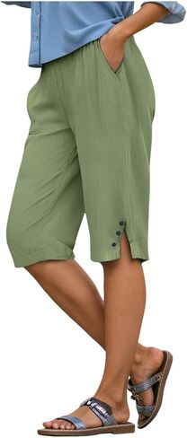 Capri Pants for Women Linen Shorts Elastic Cotton Crop Pants Casual Summer Pants with Pockets in Saudi Arabia